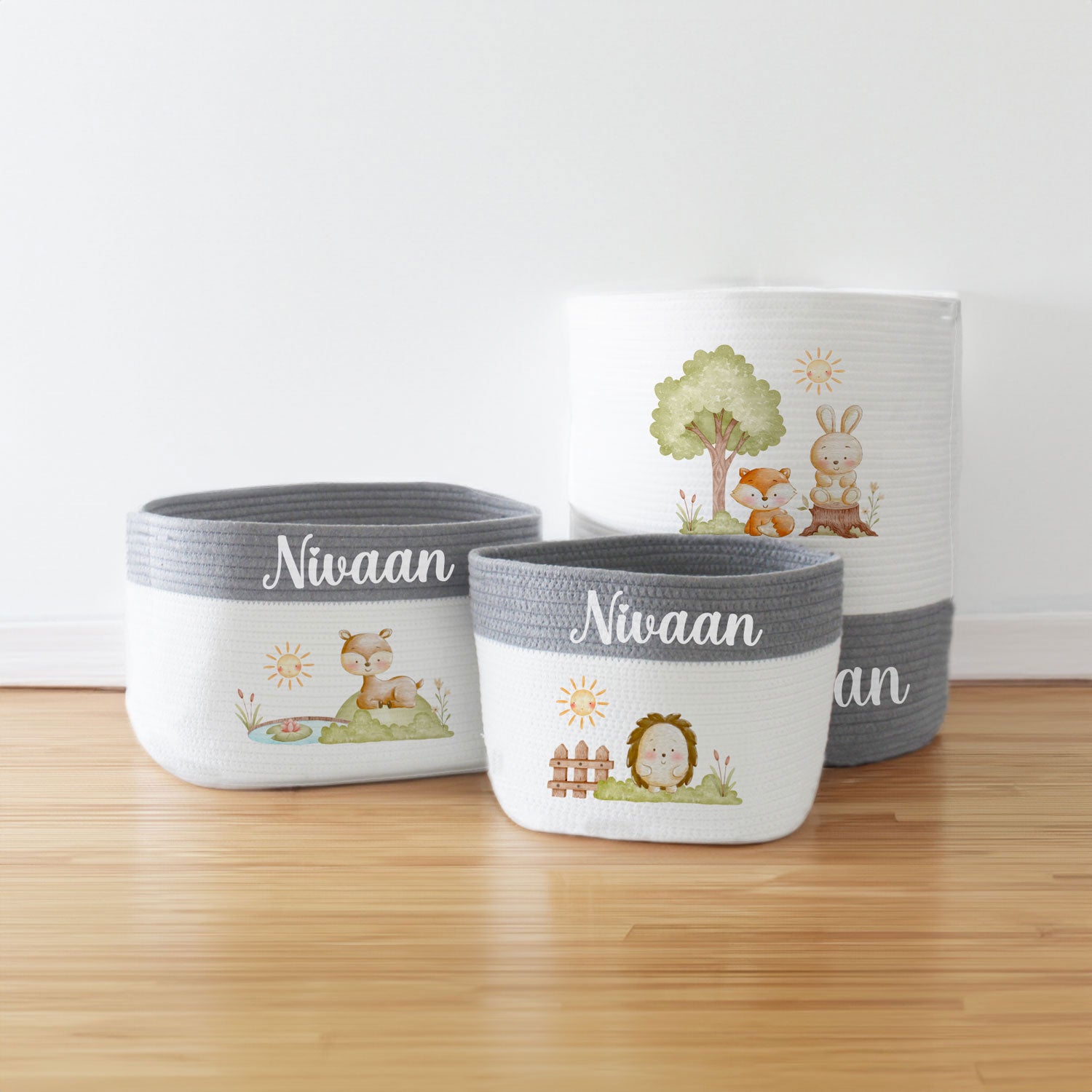 Personalized Storage Basket - Set of 3 - Woodland Theme - Grey