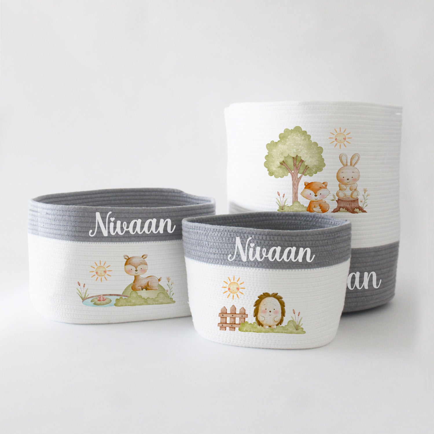 Personalized Storage Basket - Set of 3 - Woodland Theme - Grey