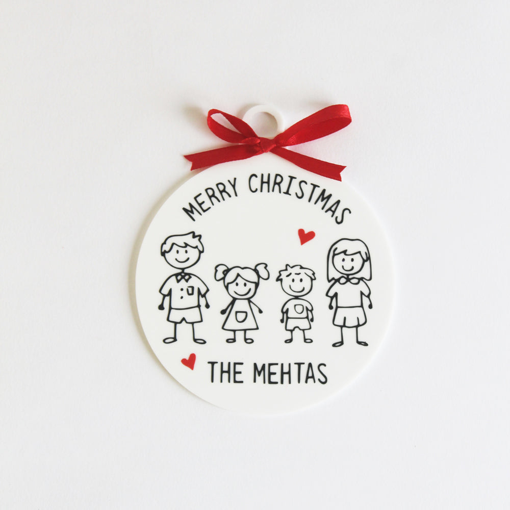 Christmas Doodle Ornament - Family of 4 people