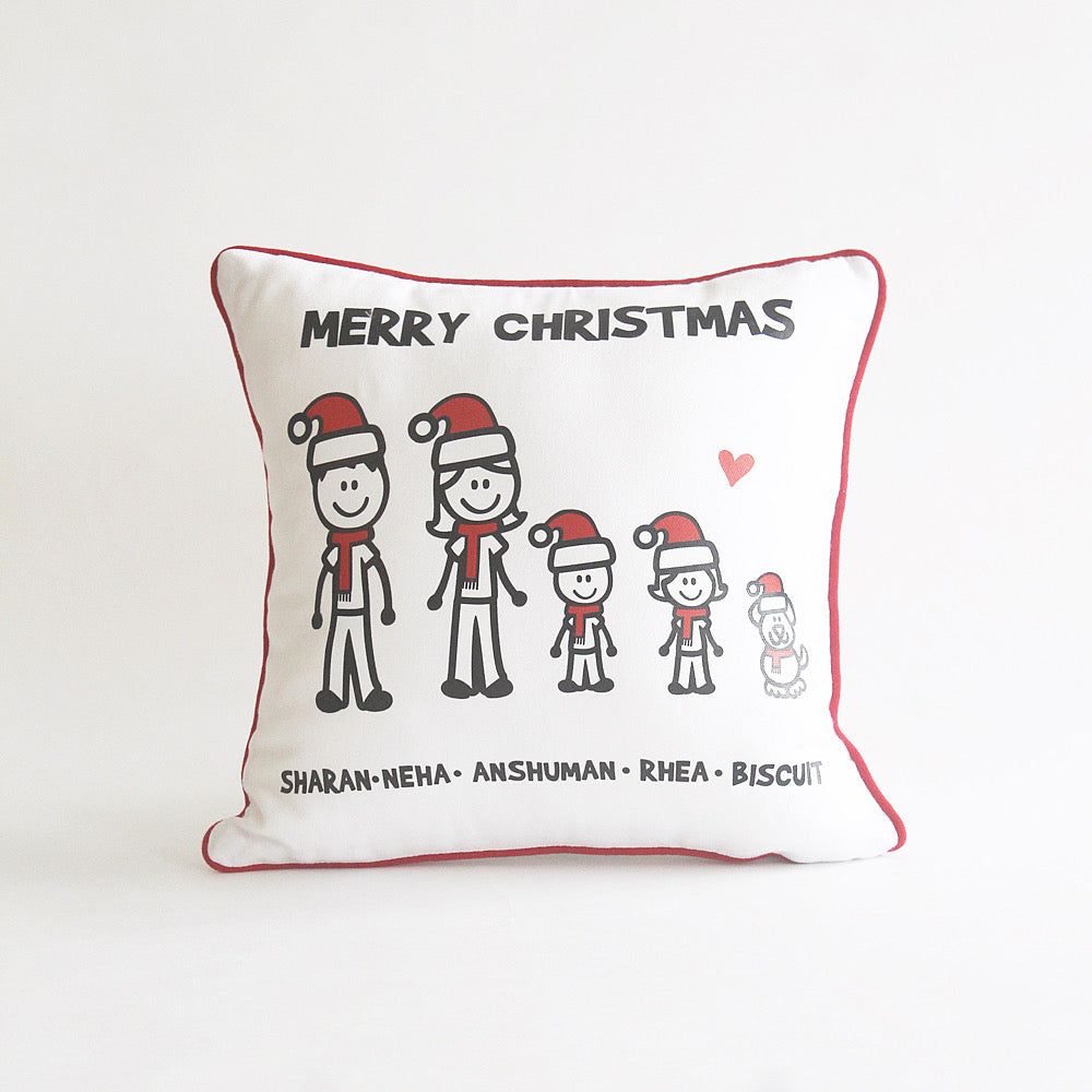 Christmas Stick Figure Cushion - 5 People/Pets