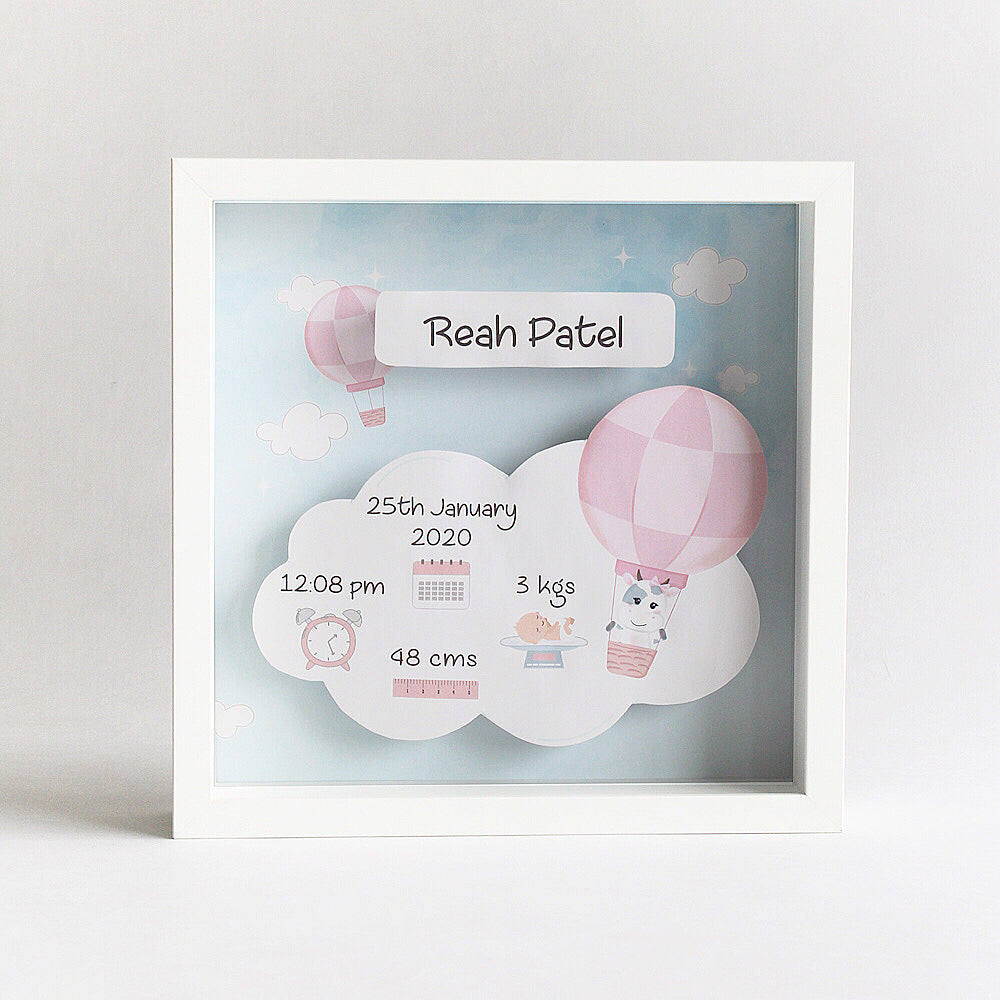 Shadow Box Birth Statistics Frame - Hot Air Balloon - Pink