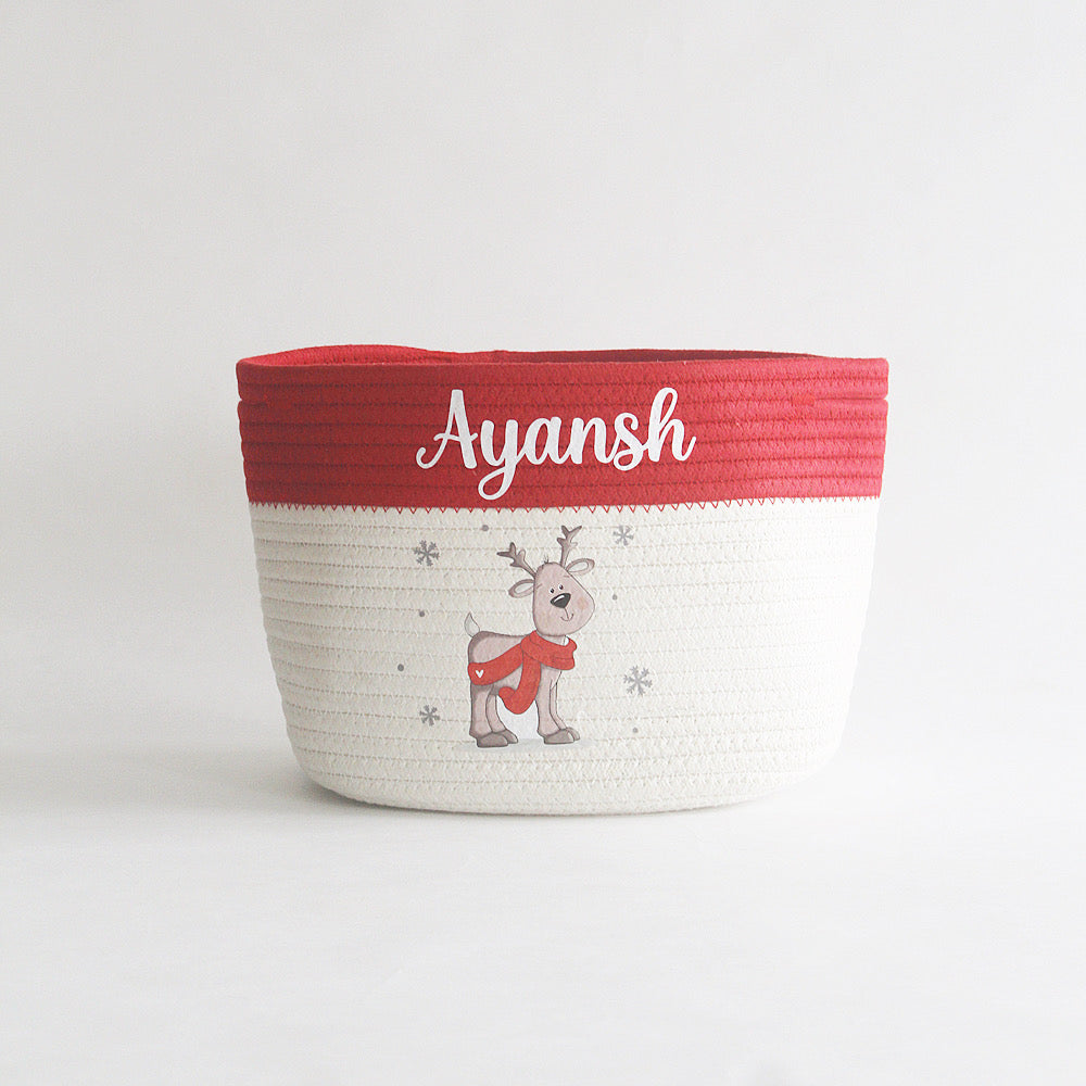 Christmas Basket - Small - Reindeer - Red/Off White