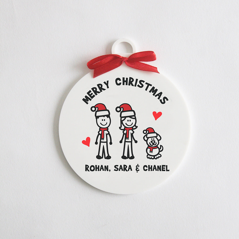 Christmas Stick Figure Ornament - 3 People/Pets