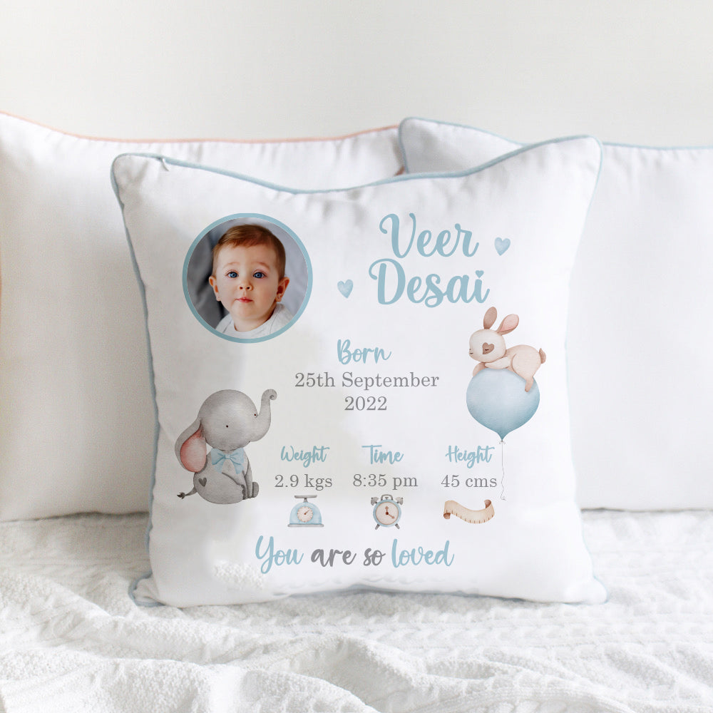 Birth Statistics Cushion - Ellie - Blue