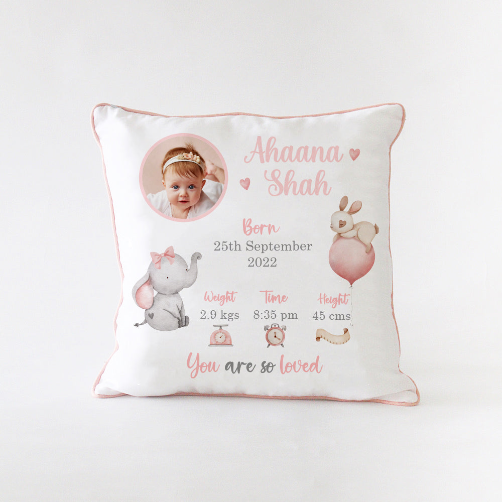 Birth Statistics Cushion - Ellie - Pink
