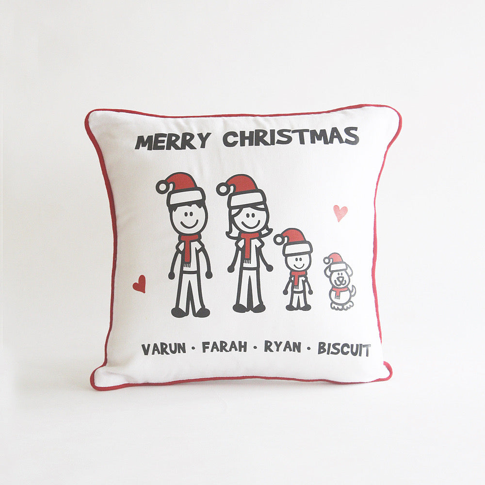 Christmas Stick Figure Cushion - 4 People/Pets