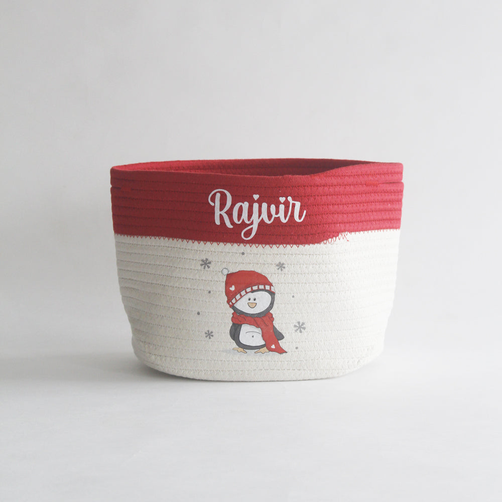 Christmas Basket - Small - Penguin - Red/Off White