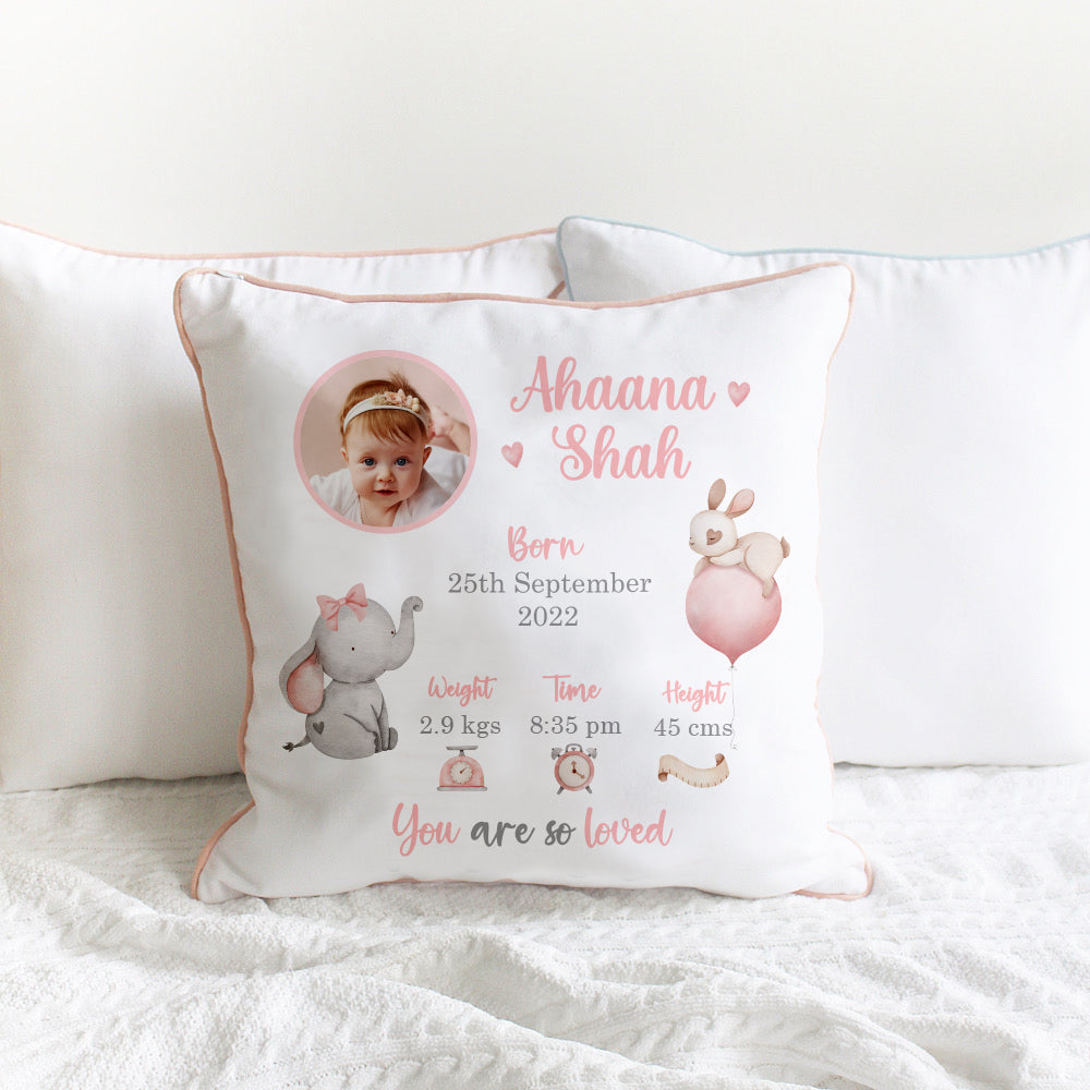Birth Statistics Cushion - Ellie - Pink