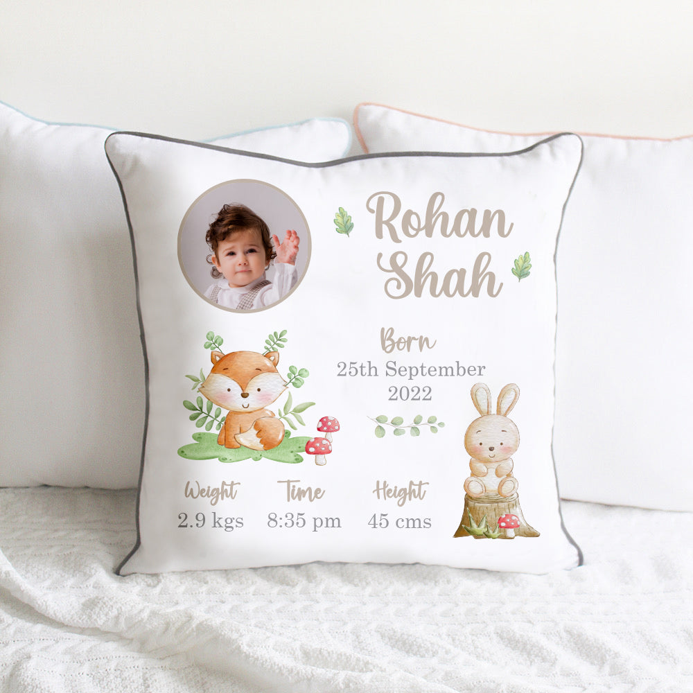 Birth Statistics Cushion - Woodland